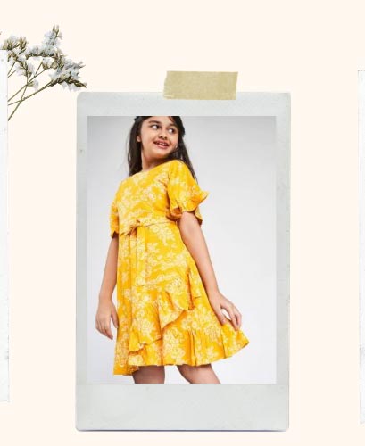 Yellow Floral Printed A-Line Dress | Casual wear | A-Line Dress | short flared sleeves | Floral Print | Global Desi girl collection | Global desi